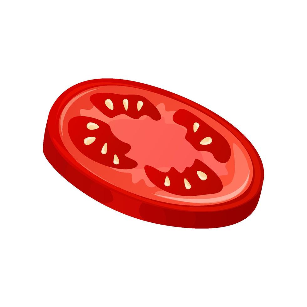 Fast food ingredient cut slice tomato, salad piece. Street takeaway cafe, cooking, junk food. King size, classic american traditional cartoon snacks meals. for banner, poster, menu, flyer vector