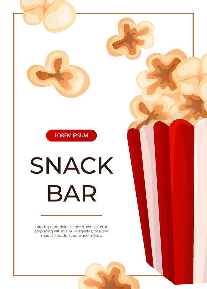 Promo flyer with fast food flying crunchy popcorn in a striped box. Street takeaway cafe, cooking, junk food. King size, classic american traditional cartoon snacks meals. A4 for banner, poster vector