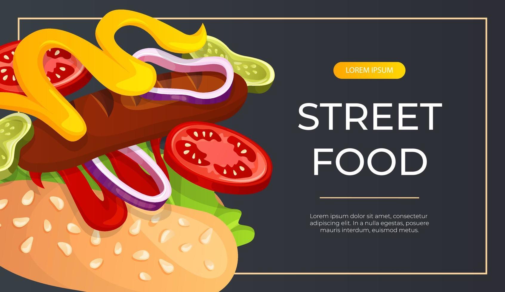 Promo banner with fast food flying hot dog. Street takeaway cafe, cooking, junk food. King size, classic american traditional cartoon snacks meals. for cover, poster, flyer, menu vector