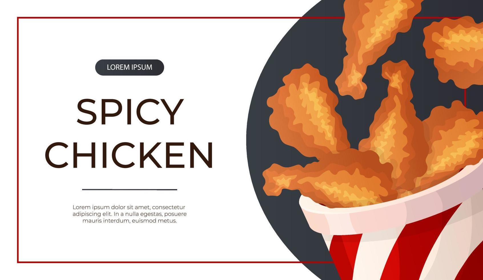 Promo banner with fast food bucket of fried chicken drumsticks. Street takeaway cafe,cooking, junk food. King size, classic american traditional cartoon snacks meals. for cover, poster, flyer vector