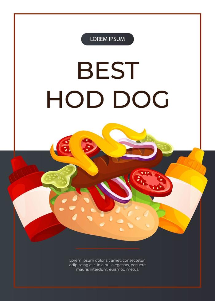 Promo flyer with fast food flying hot dog and ketchup, mustard. Street takeaway cafe, cooking, junk food. King size, classic american traditional cartoon snacks meals. A4 banner, poster, menu vector