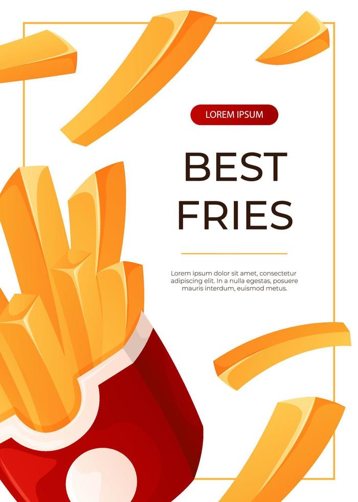 Promo flyer with fast food flying french fried potato. Street takeaway cafe, cooking, junk food. King size, classic american traditional cartoon snacks meals. A4 for banner, poster, menu vector