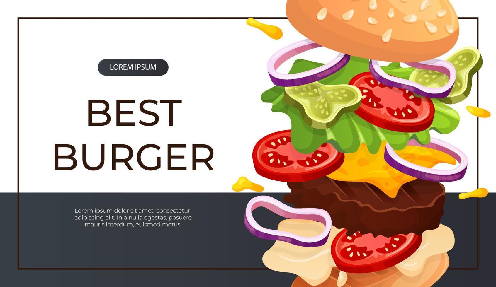 Promo banner with fast food flying burger, vegetables. Street takeaway cafe, cooking, junk food. King size, classic american traditional cartoon snacks meals. for banner, poster, flyer, menu vector