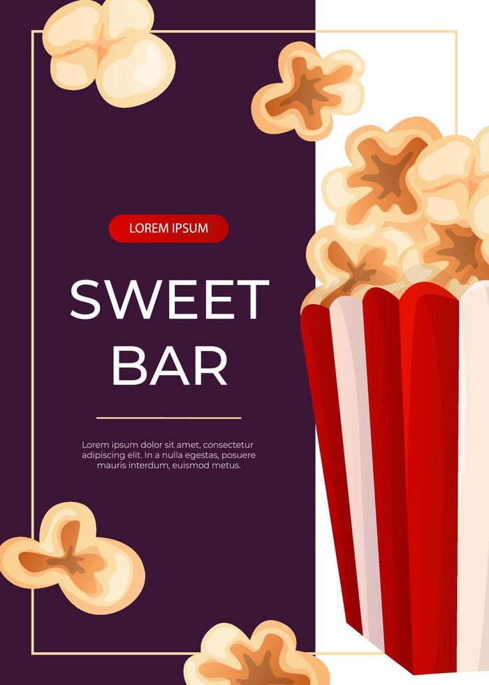 Promo flyer with fast food flying crunchy popcorn in a striped box. Street takeaway cafe, cooking, junk food. King size, classic american traditional cartoon snacks meals. A4 for banner, poster vector