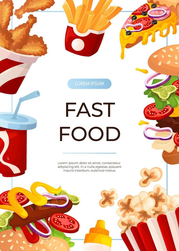 Promo flyer with fast food hot dog, pizza, soda, fries, burger. Street takeaway cafe, cooking, junk food. King size, classic american traditional cartoon snacks meals. A4 banner, poster, menu vector