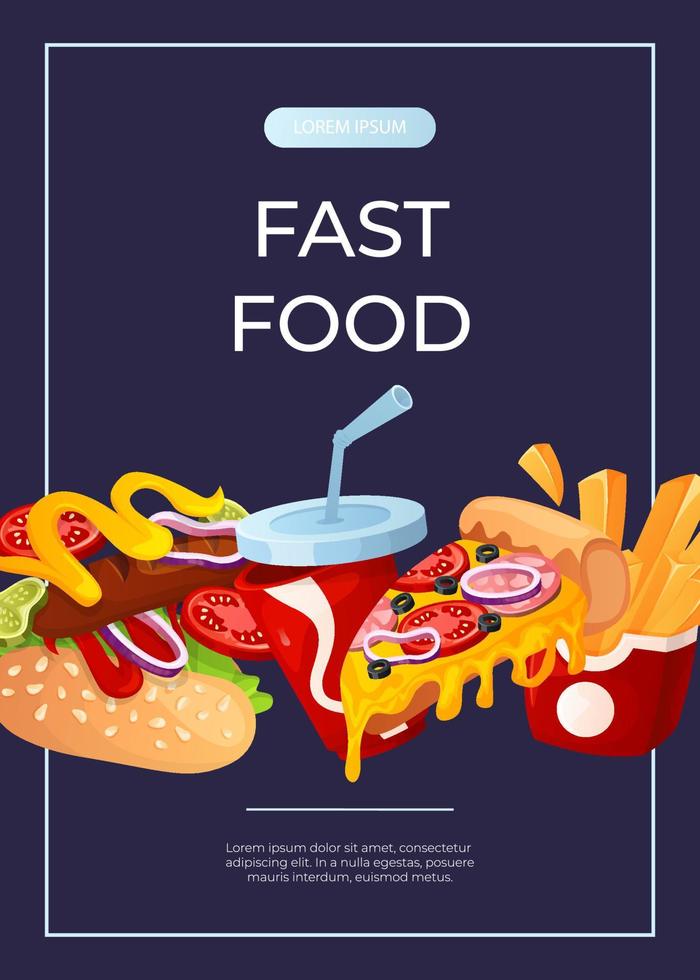 Promo flyer with fast food flying hot dog, pizza, soda, fries. Street takeaway cafe, cooking, junk food. King size, classic american traditional cartoon snacks meals. A4 banner, poster, menu vector