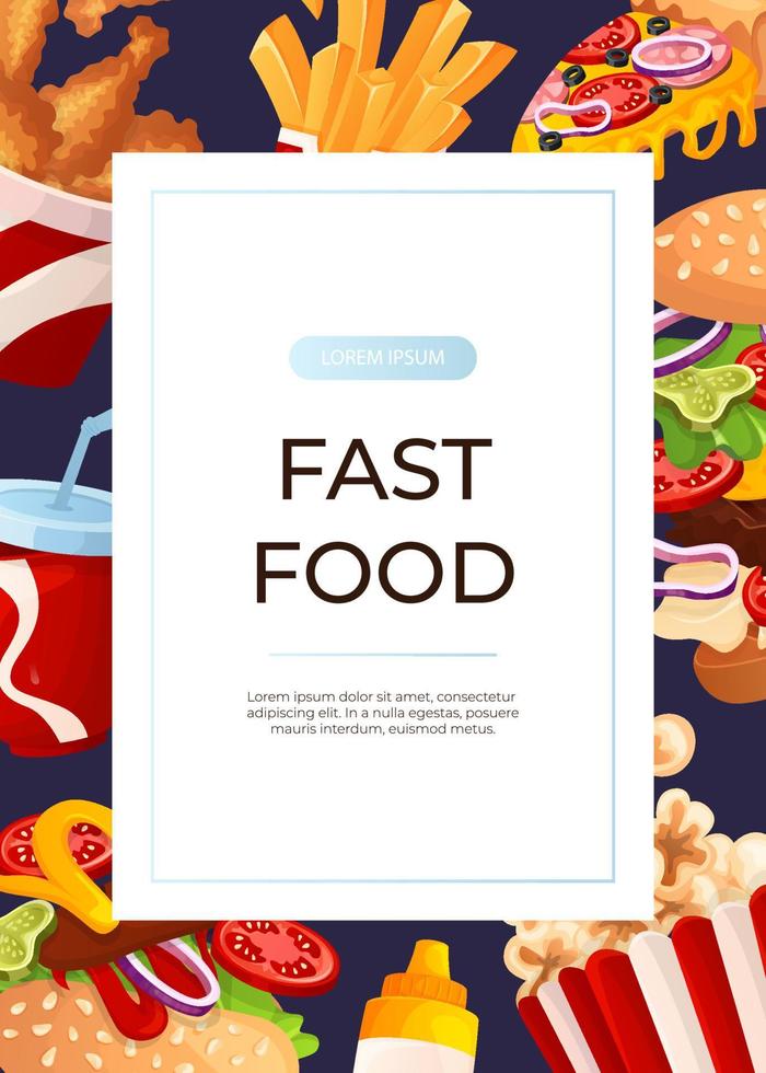 Promo flyer with fast food hot dog, pizza, soda, fries, burger. Street takeaway cafe, cooking, junk food. King size, classic american traditional cartoon snacks meals. A4 banner, poster, menu vector