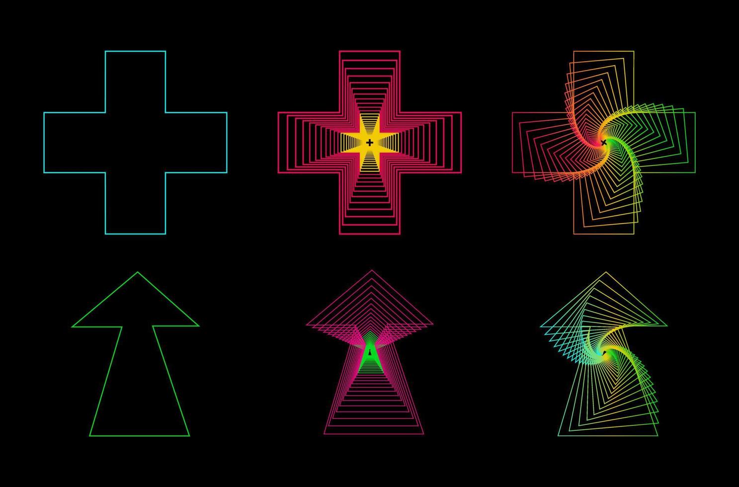 Neon arrow, Neon cross. Linear Abstract geometric shapes of neon colors on black background. Neon sign. Glowing icon on dark background. Vector illustration