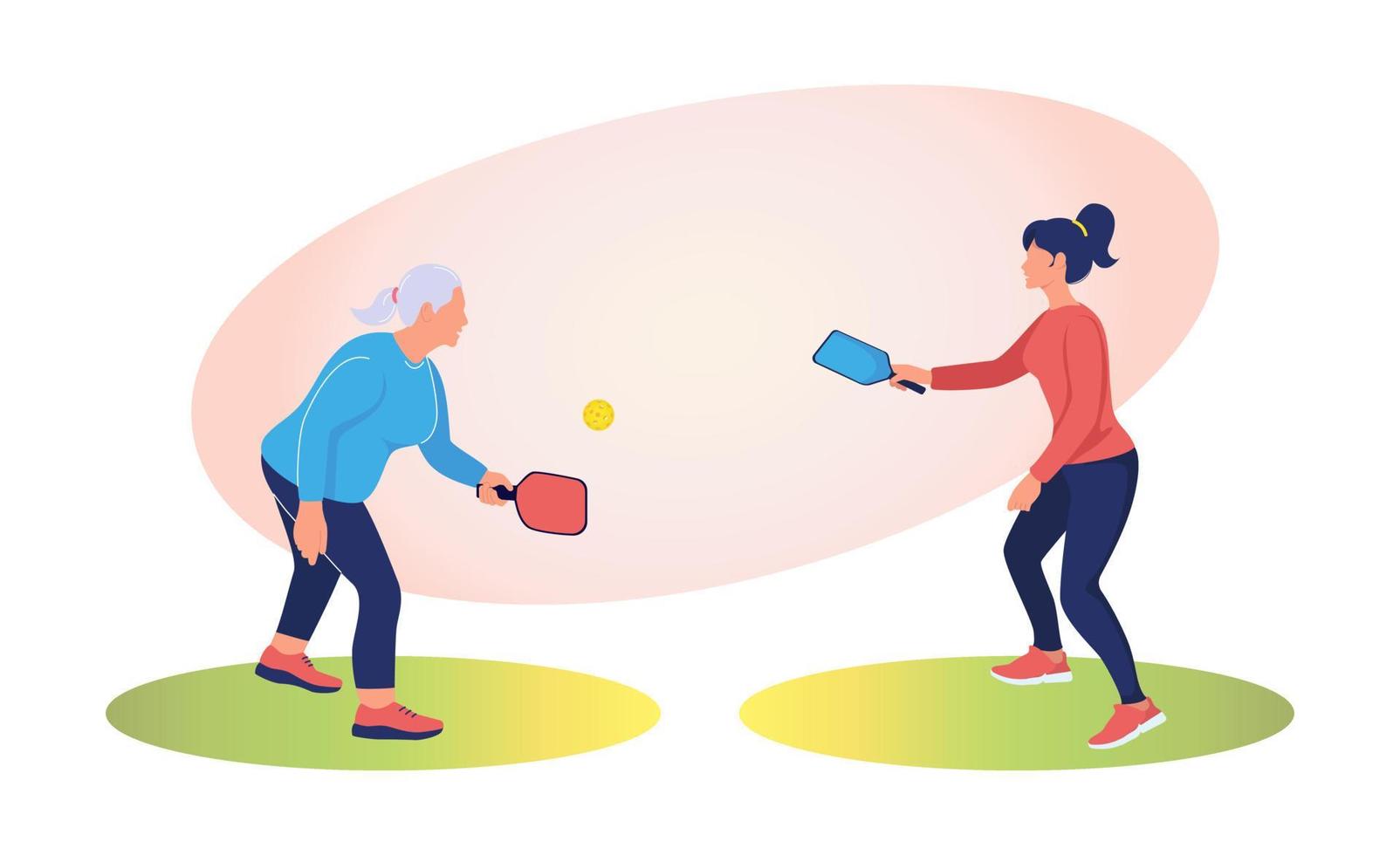 Girl and elderly woman play pickleball. Athlete, human figure with racket and ball. Outdoor sports. Summer sports. Active pickleball game for whole family. Active old age. Vector illustration