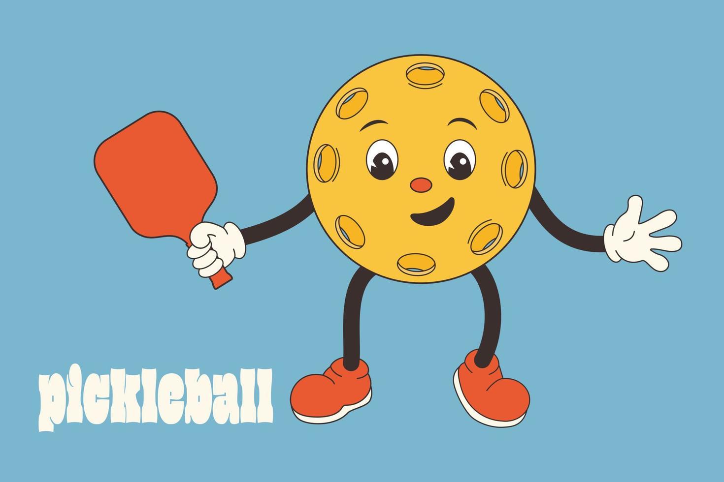 Groovy classic old cartoon. Funny cute comic character Pickleball with racket. 70s 60s aesthetics vintage. Retro style. For making posters, flyers, stickers, banner, card. Trendy vector illustration