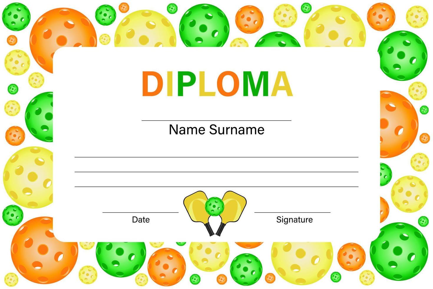 Sports diploma, pickleball game. Template of certificate of participation in sports competitions. Background of multicolored balls. Emblem of pickleball sports club. Vector illustration