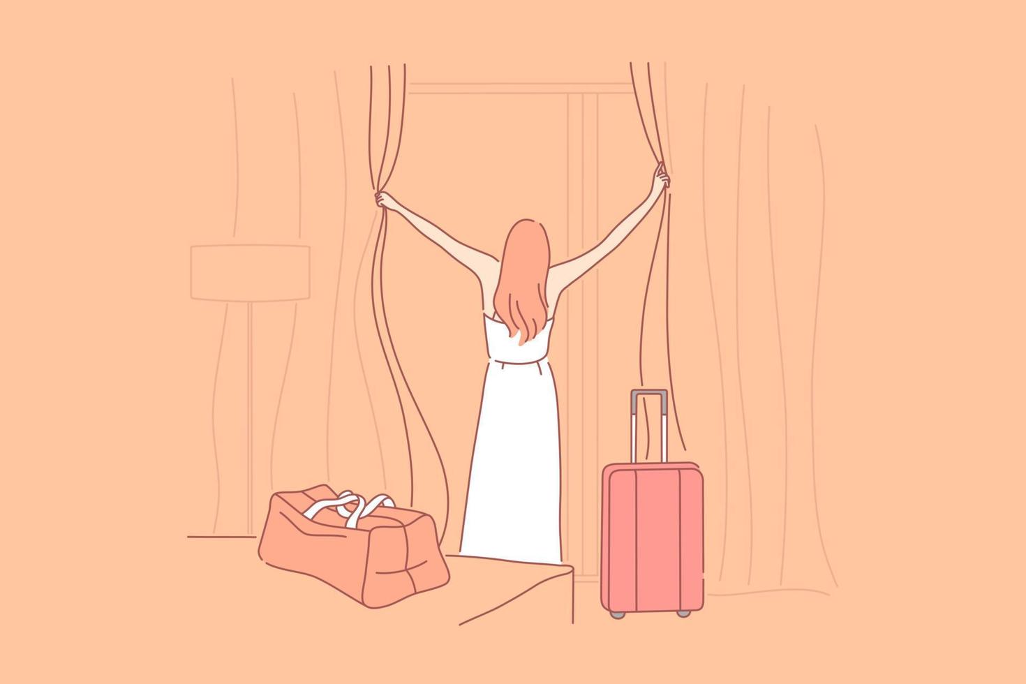 Girl with suitcases, going on trip, arrival home concept vector