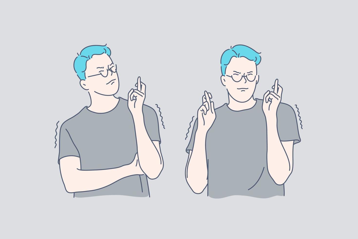 Young man crossing fingers, gesticulation, hope concept vector