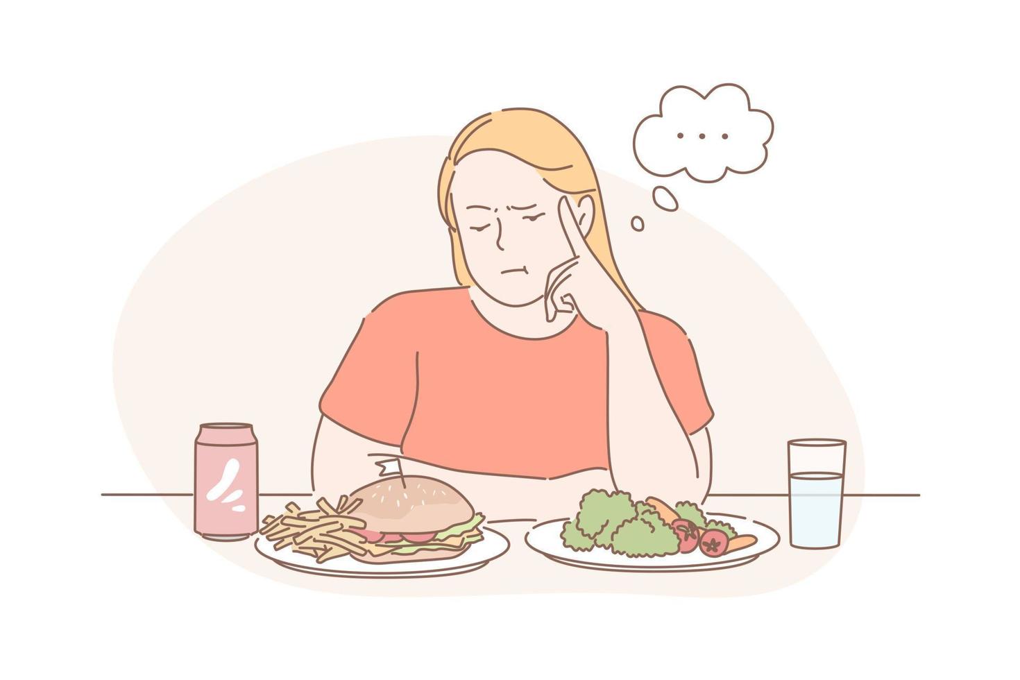 Diet, weight loss, choice, fast or vegan food concept vector
