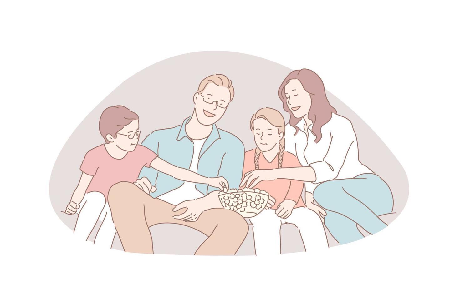 familia recreación, película noche, tradicional valores concepto vector