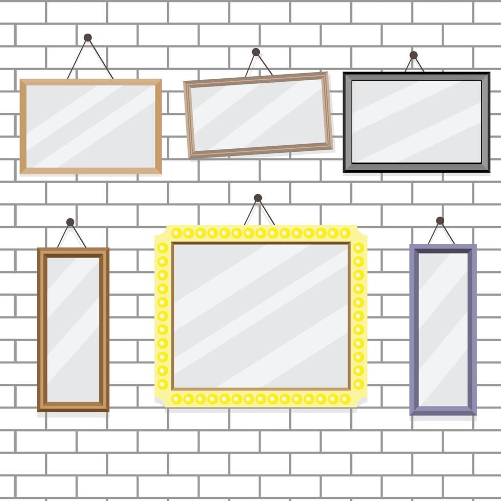 Set of picture frames on brick wall template vector