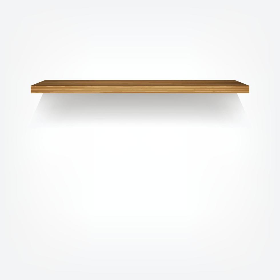 Empty wood shelf on white background with soft shadow. 3D empty wooden shelves on white wall. Vector illustration.