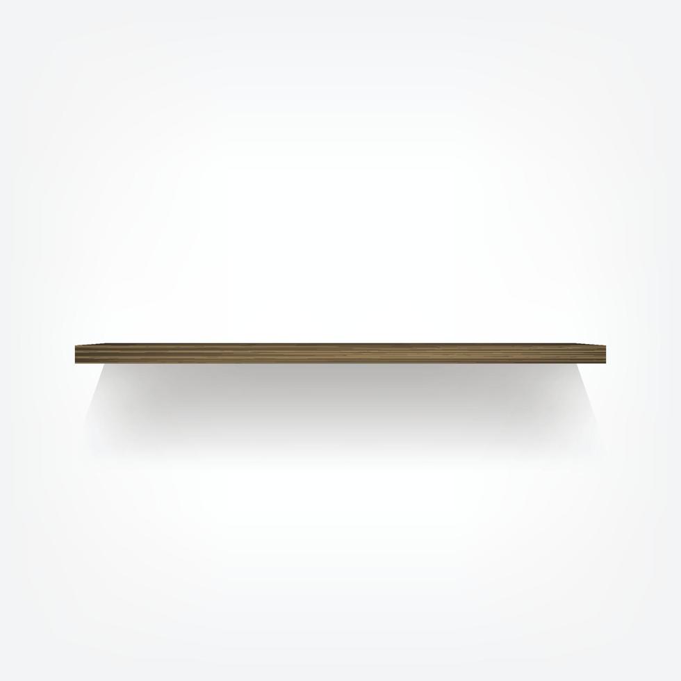 Empty wood shelf on white background with soft shadow. 3D empty wooden shelves on white wall. Vector illustration.