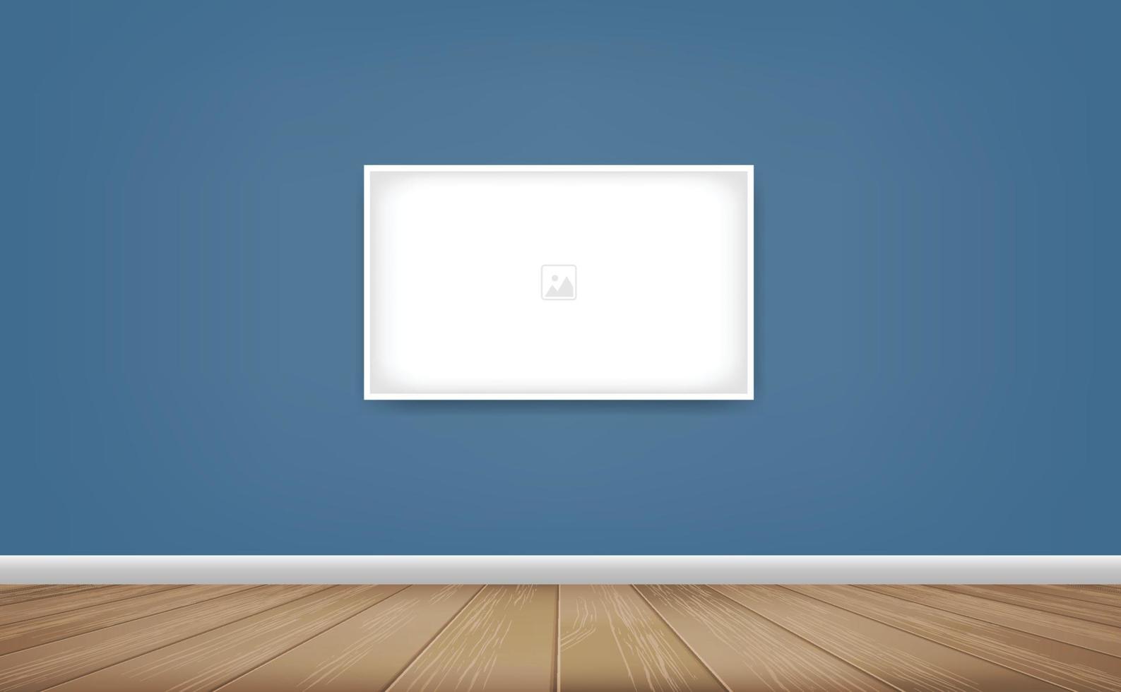 Empty photo frame or picture frame background in room space area with blue wall background and wooden floor. Vector idea for room design and interior decoration.