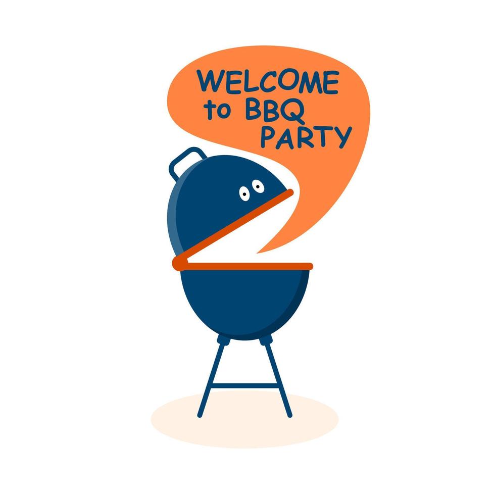 Cartoon grill invites to a barbecue party. Welcome invitation to barbecue picnic. Design element for menu, poster, banner, announcement, bbq party. Vector illustration.