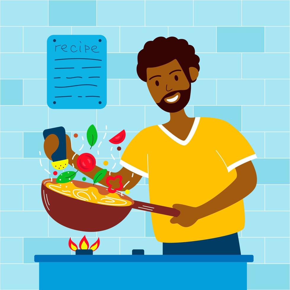 joven alegre afroamericano hombre cocineros a hogar en el cocina. el chico sales comida en un wok cacerola. del marido casa quehaceres. concepto para Quédate en casa papá haciendo Doméstico quehaceres. vector ilustración