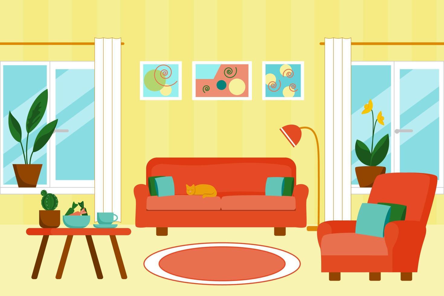 Interior of the living room with furniture. Cat is sleeping on the couch. There are cushions on the chair and sofa. Flowers are on the windowsill. Flat style vector illustration