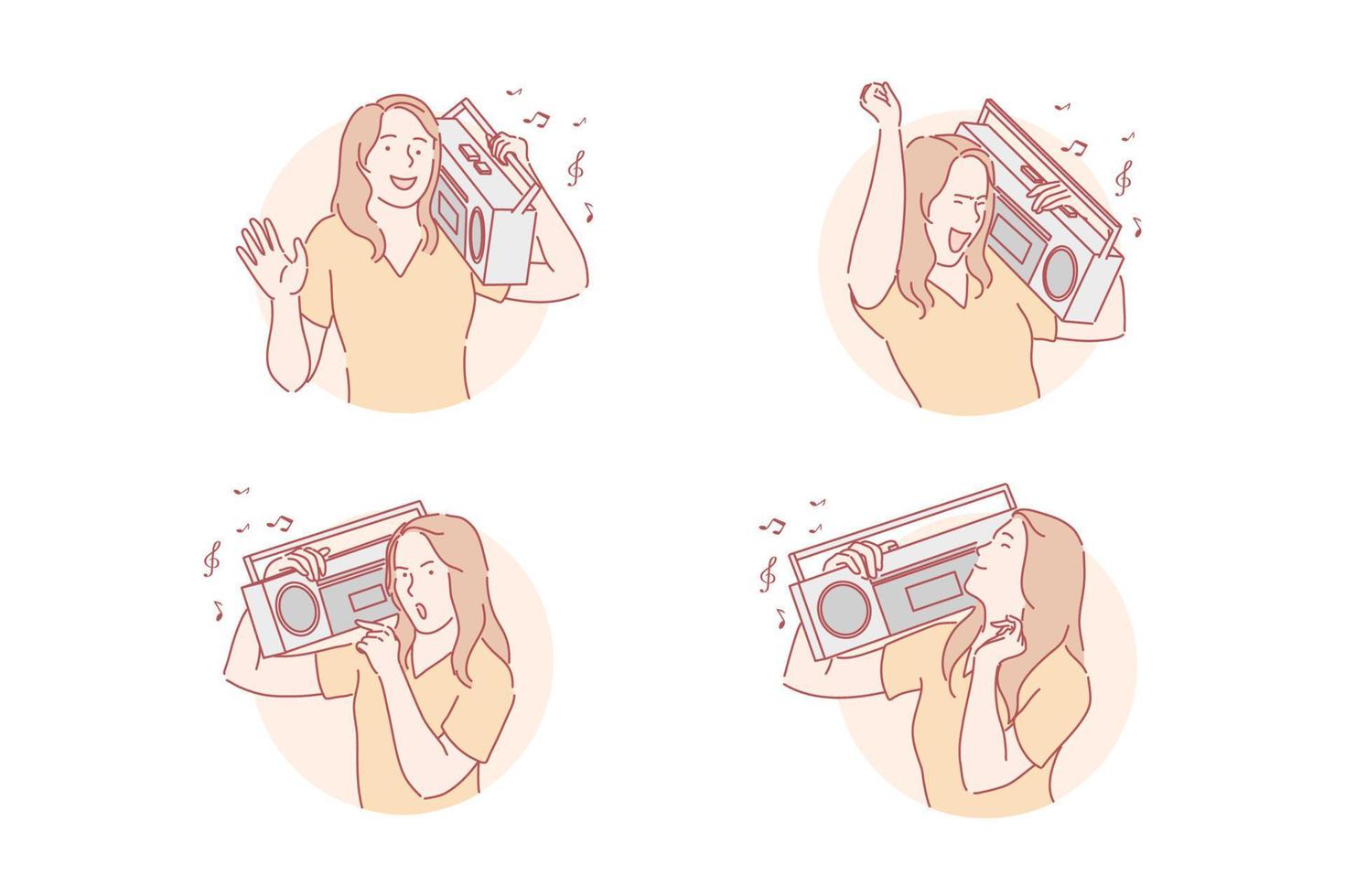 Dancing and listening music on retro recorder set vector
