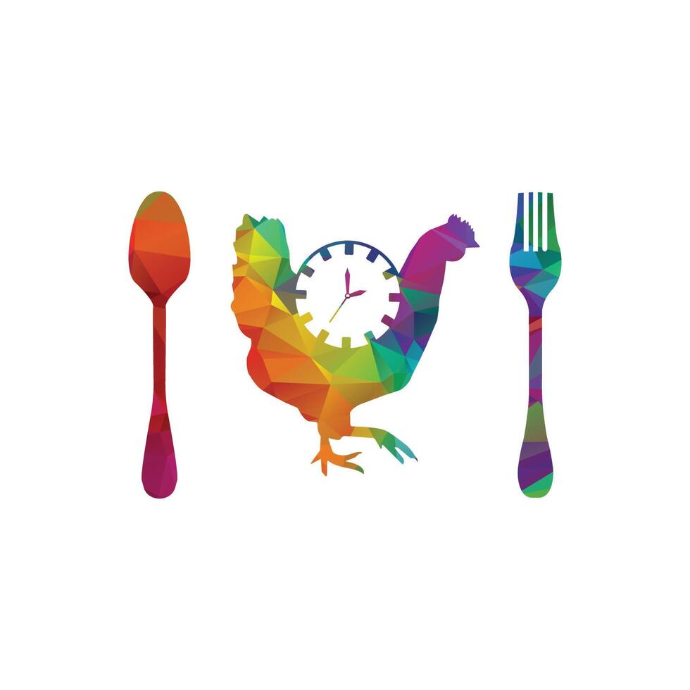 chicken and spoon vector logo design template. food and clock icon.