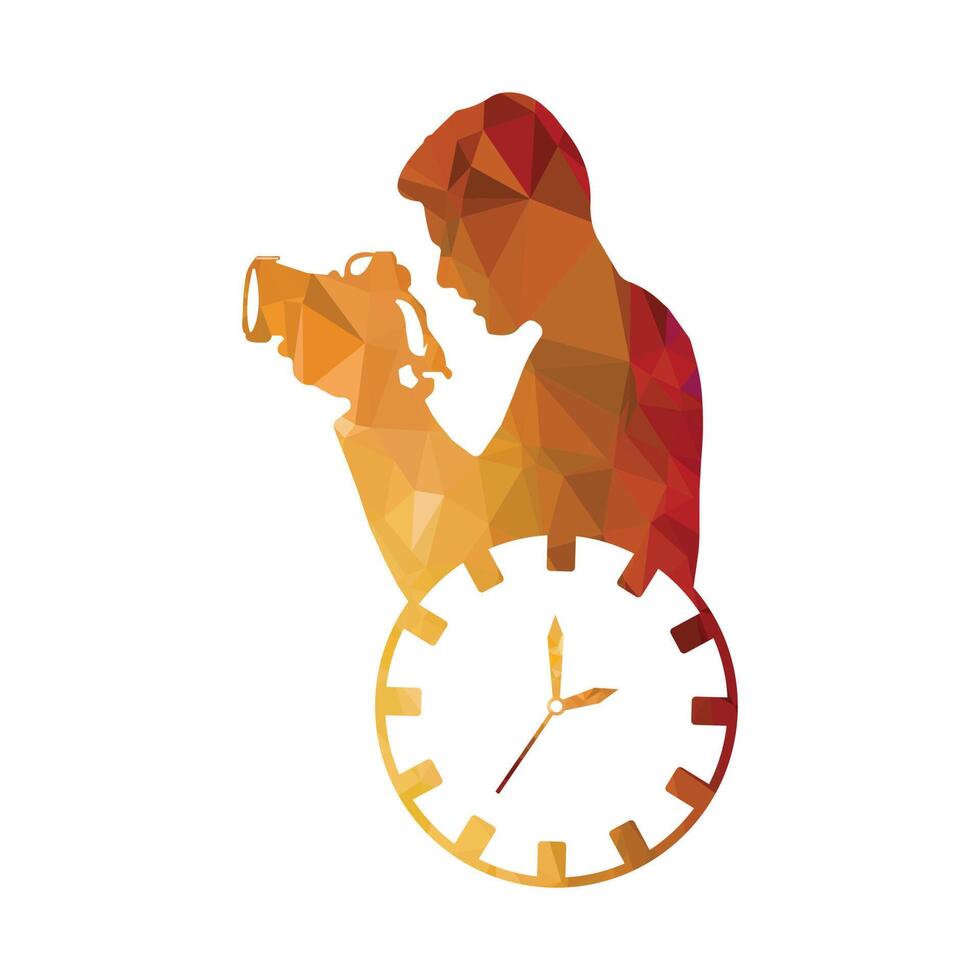 Photographer with camera and clock icon. Flat color design. Vector illustration.