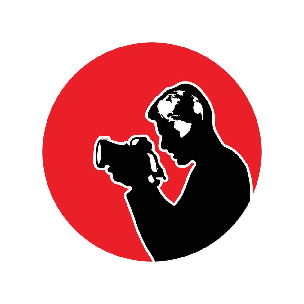 Photographer silhouette on red background. Thinking about global photographer Vector illustration. Eps 10.