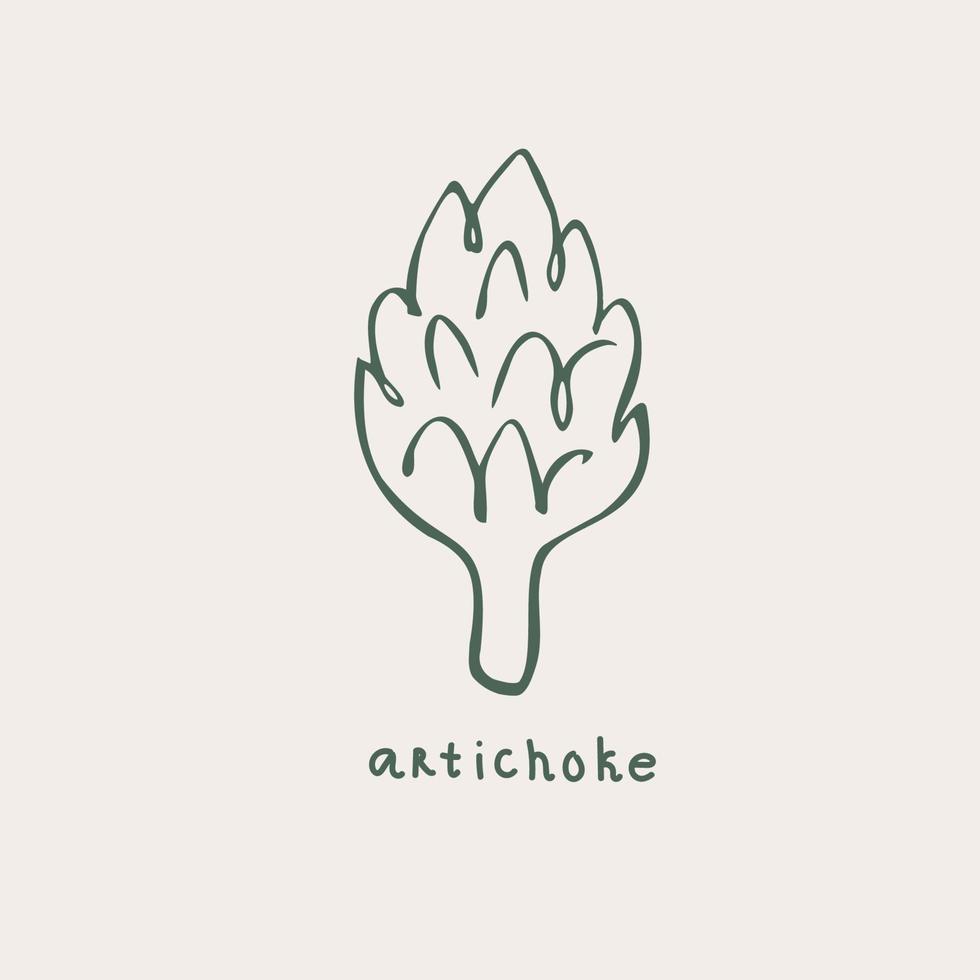 Artichoke illustration. Edible flower bud, healthy vegetable. Fresh hand drawn artichoke in simple sketch style with lettering. Artistic vector illustration