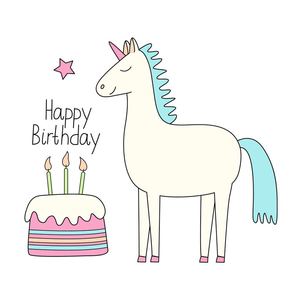 saludo tarjeta con un linda unicornio y un pastel con velas mano dibujado vistoso vector ilustración y contento cumpleaños letras. hada animal. garabatear estilo.