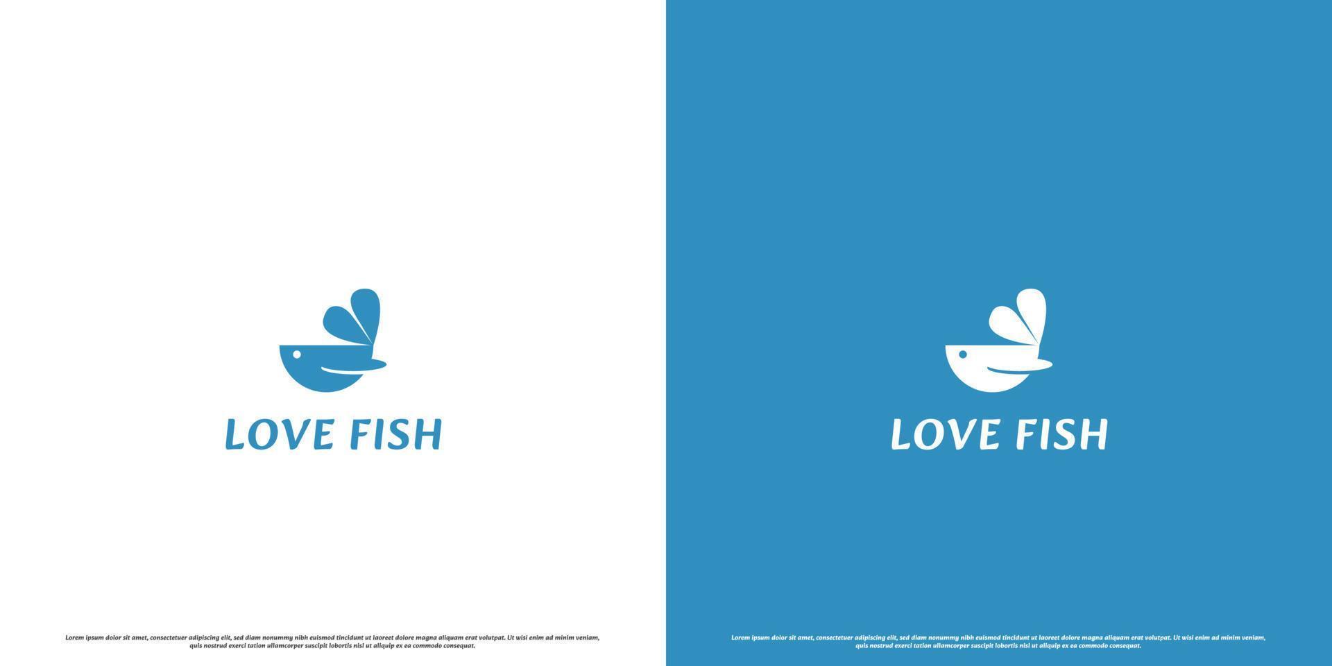 Fish love logo design illustration. Creative silhouette of animal symbol combination fish love heart modern. Marine biota animal simple flat design. Suitable for fish market app web business icon. vector