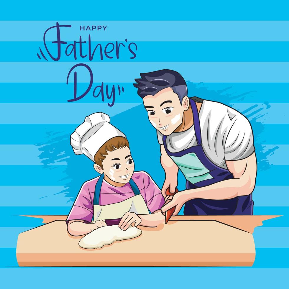 Father's Day. Father and daughter preparing cupcakes together vector illustration pro download