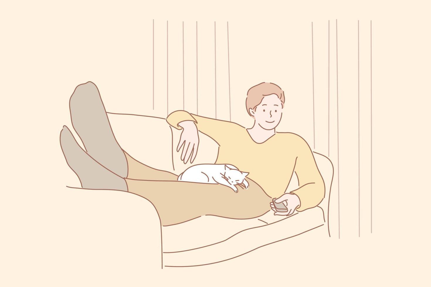 Home rest, watching TV, pet, leisure time concept vector