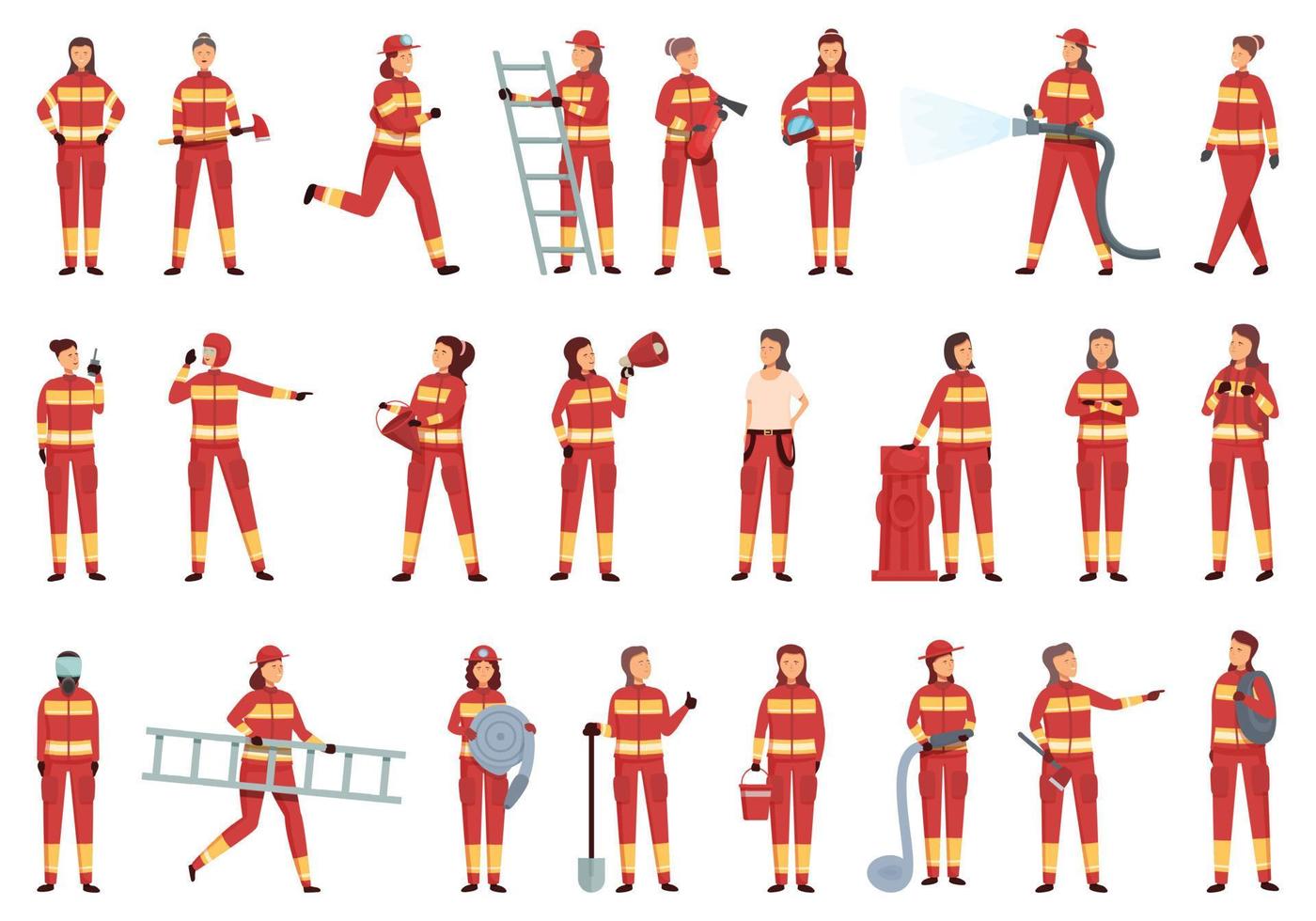 Woman firefighter icons set cartoon vector. Work girl vector