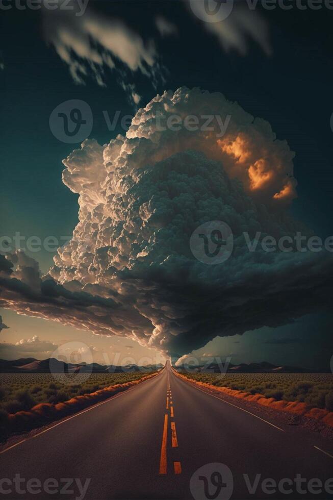 large cloud is in the sky over a road. . photo