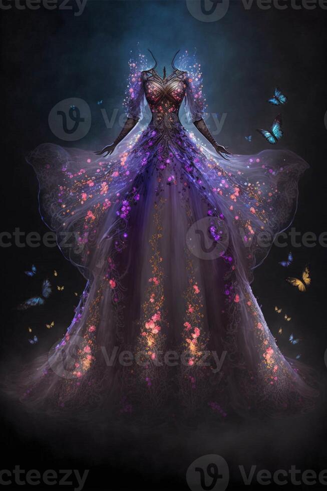 woman in a purple dress surrounded by butterflies. . photo