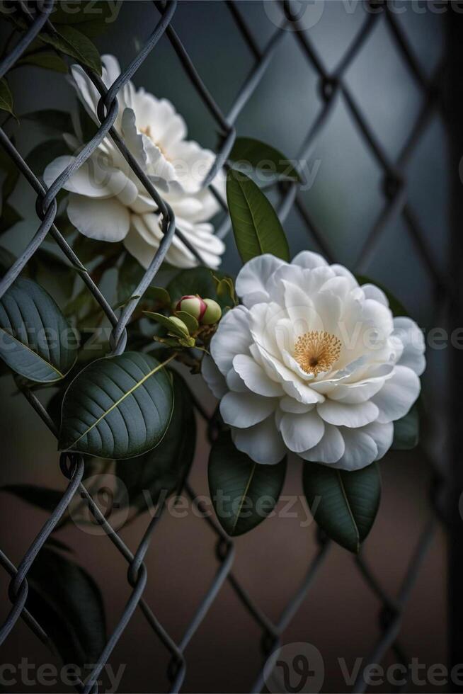 couple of white flowers sitting on top of a fence. . photo