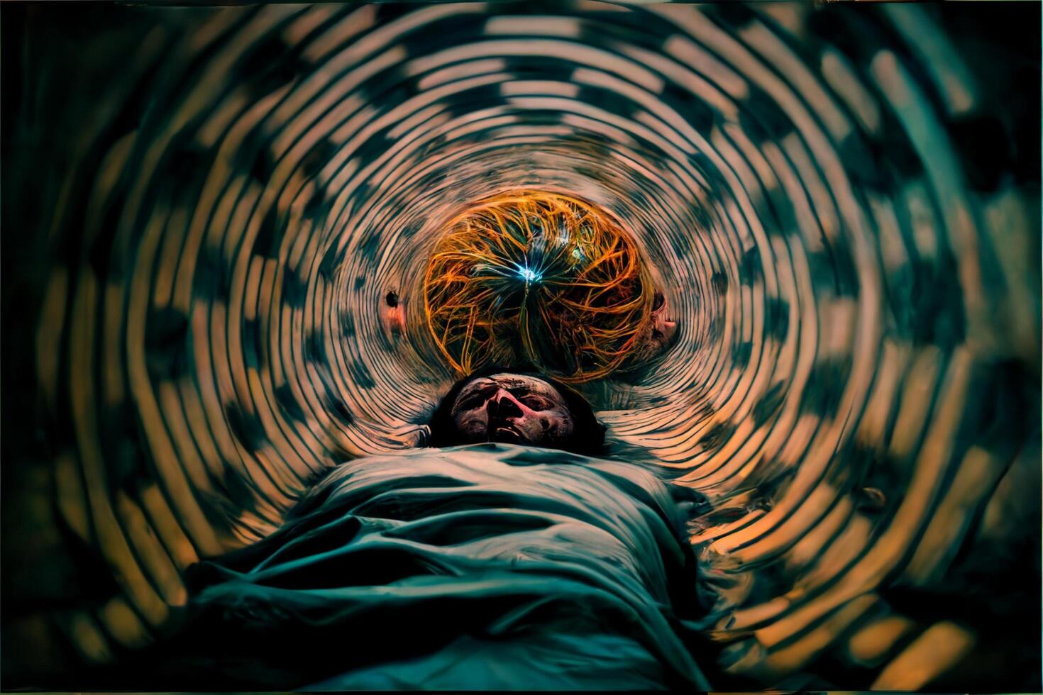 man laying on top of a bed in a tunnel. . photo