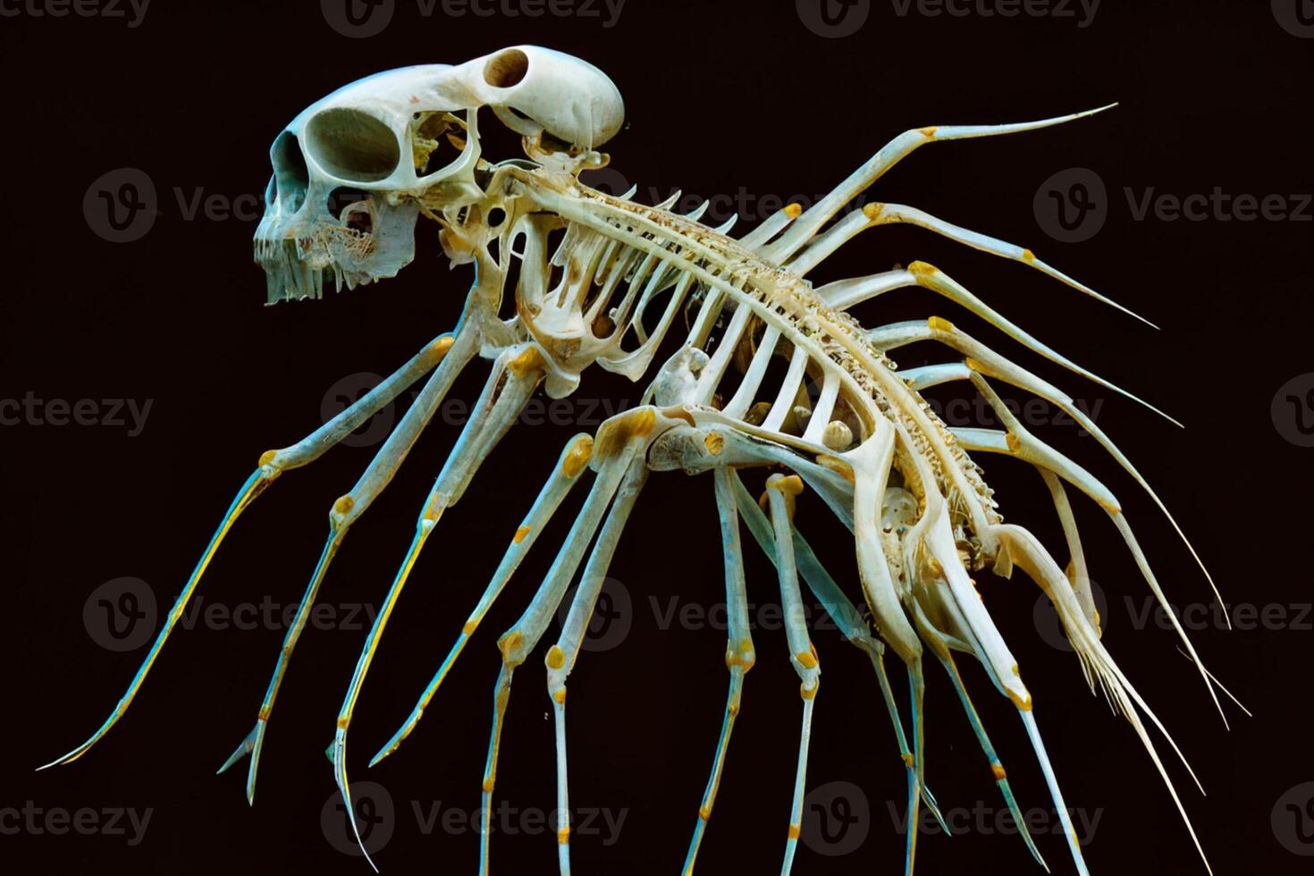 skeleton sitting on top of a black surface. photo