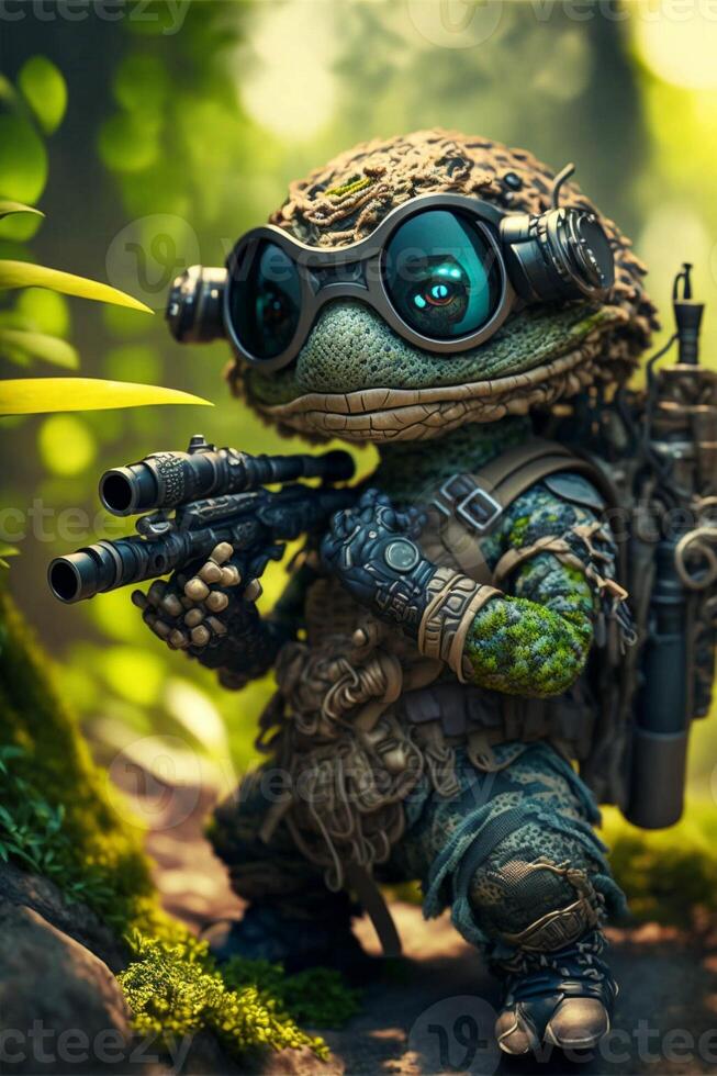 close up of a figurine of a frog with a gun. . photo
