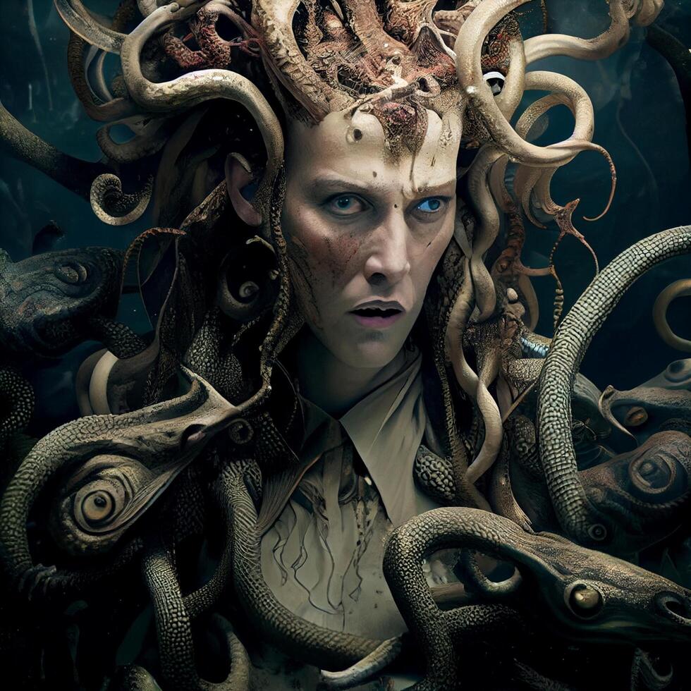 woman with a bunch of snakes on her head. generative ai. 23108945 Stock