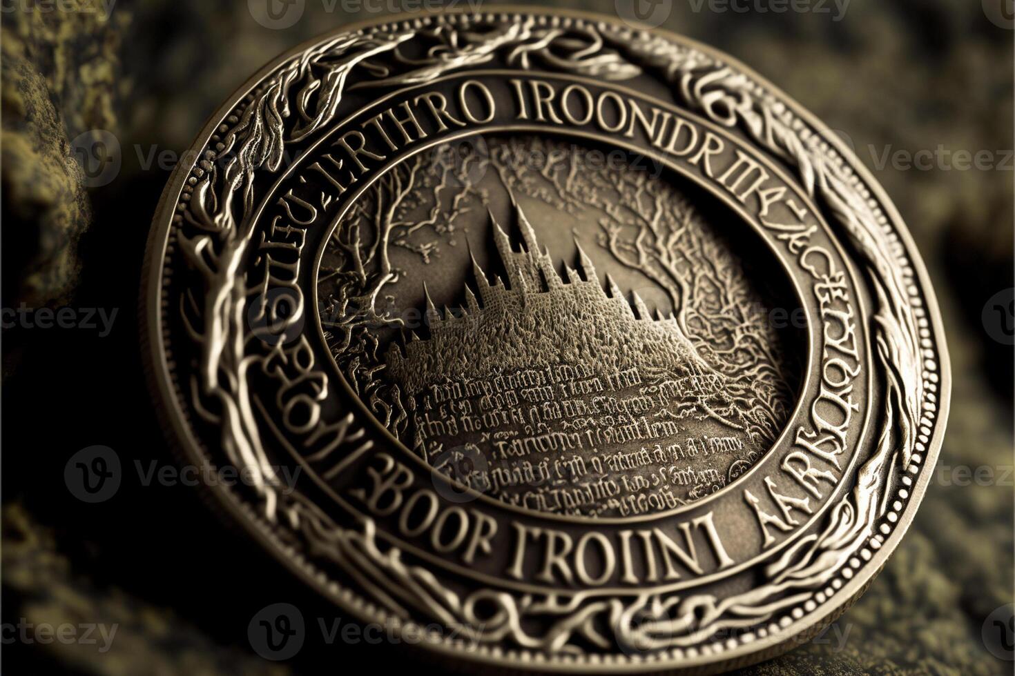 close up of a coin with a castle on it. . photo