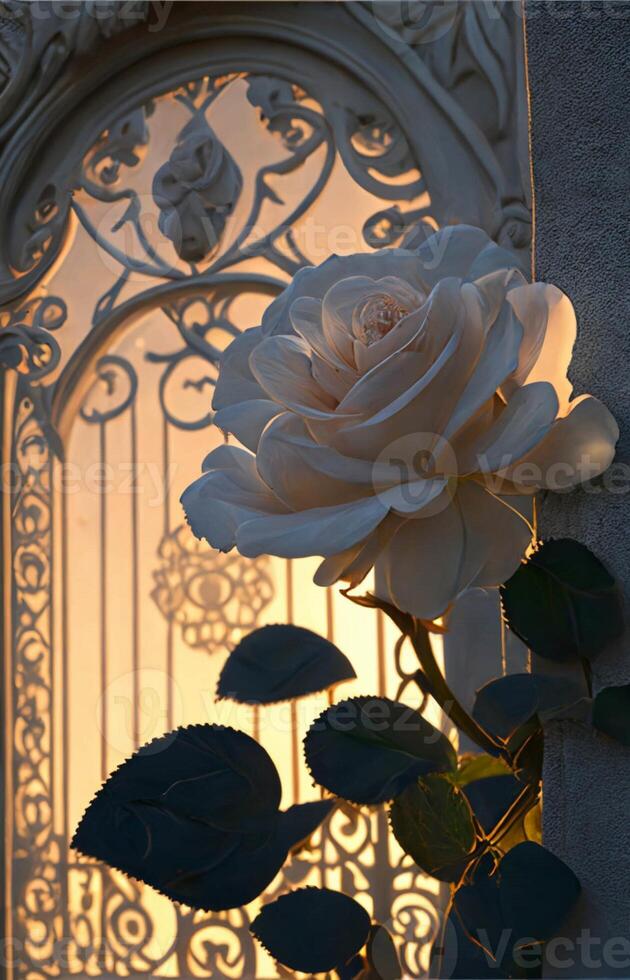 blanco Rosa sentado en frente de un ventana. generativo ai. foto