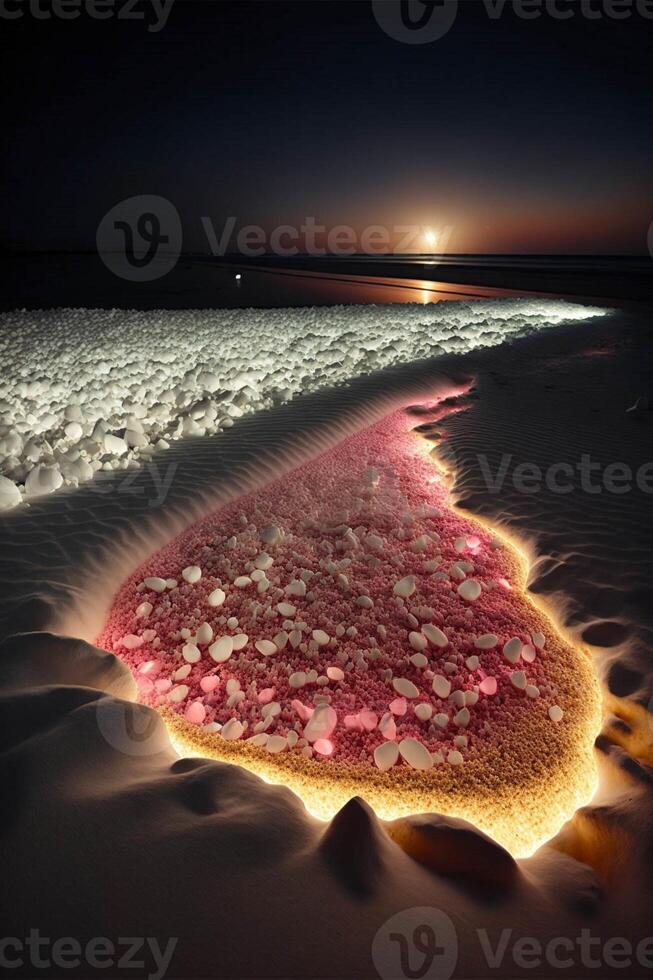 corazón conformado Pizza sentado en parte superior de un arenoso playa. generativo ai. foto
