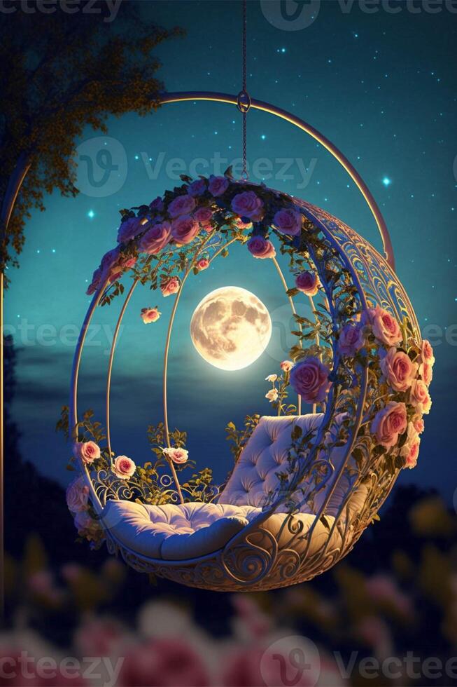 hanging chair with flowers and a full moon in the background. . photo