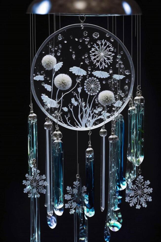 glass wind chime with snowflakes hanging from it. . photo