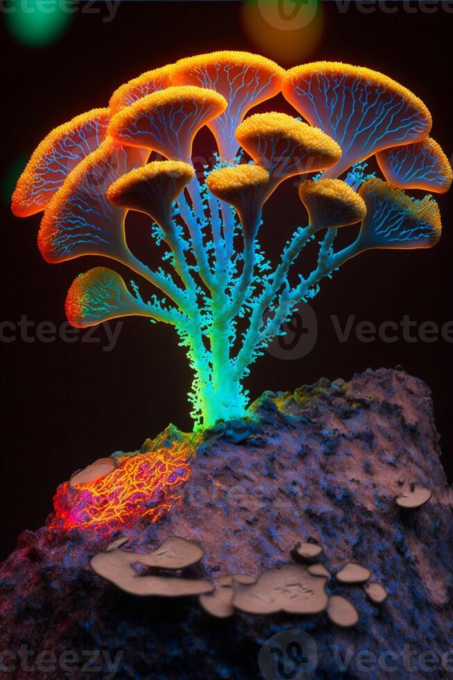 group of mushrooms sitting on top of a piece of wood. . photo