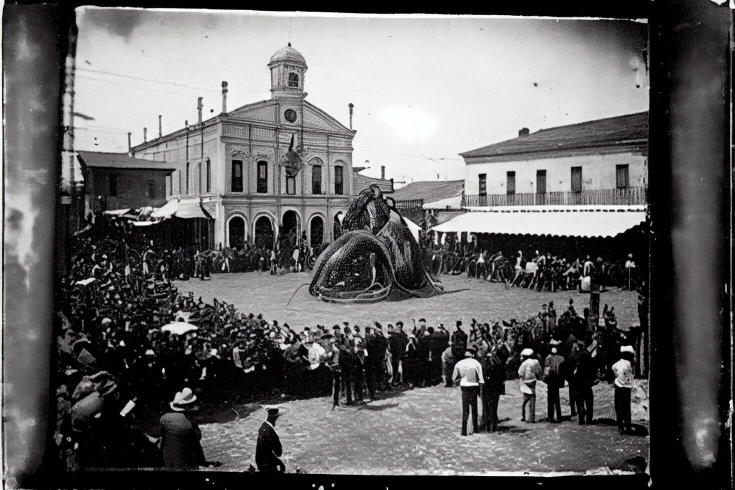 black and white photo of a crowd of people. .